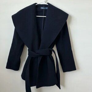Polo Ralph Lauren Navy 100% Wool Oversized Collar Tie Waist Coat Size: XS